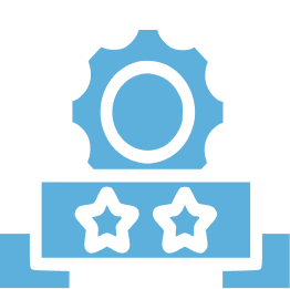 Blue gear and stars on black background.