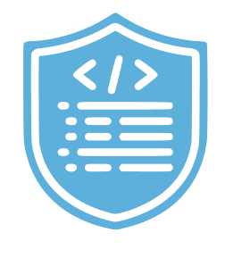 Blue shield with code symbol inside.