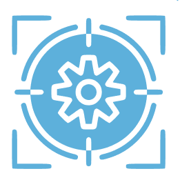 Gear icon within a blue target outline.