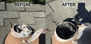 Damaged chimney before, repaired chimney after.