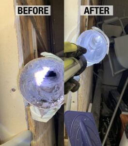 Before and after dryer vent cleaning comparison.